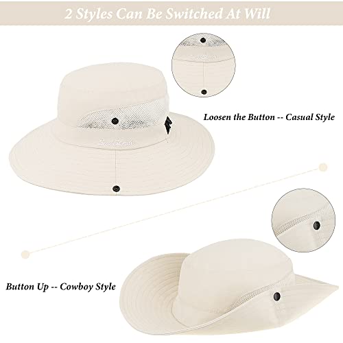 Sun Hat for Women Summer UV Protection Beach Hat Wide Brim Mesh Bucket Fishing Hat with Ponytail Hole Foldable Packable Hat Beige