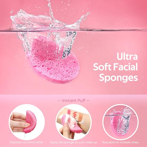 GAINWELL 50-Count Compressed Facial Sponges for Daily Facial Cleansing and Exfoliating, 100% Natural Cosmetic Spa Sponges for Makeup Remover, Reusable, Pink