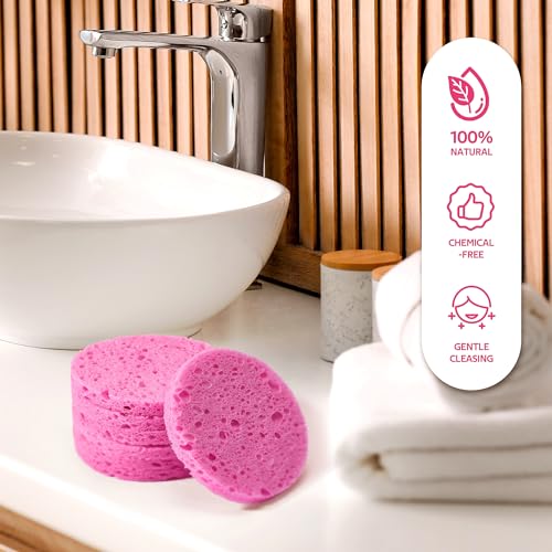 GAINWELL 50-Count Compressed Facial Sponges for Daily Facial Cleansing and Exfoliating, 100% Natural Cosmetic Spa Sponges for Makeup Remover, Reusable, Pink
