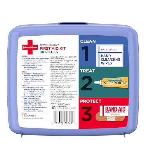Band-Aid Travel Ready Portable Emergency First Aid Kit for Minor Wound Care with Assorted Adhesive Bandages, Gauze Pads & More, Ideal for Travel, Car & On-The-Go, 80 pc
