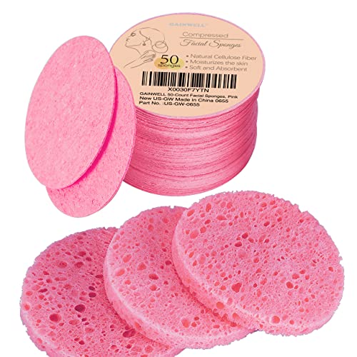 GAINWELL 50-Count Compressed Facial Sponges for Daily Facial Cleansing and Exfoliating, 100% Natural Cosmetic Spa Sponges for Makeup Remover, Reusable, Pink