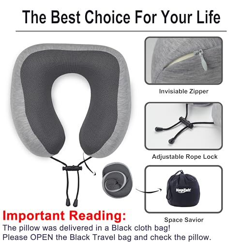 napfun Neck Pillow for Traveling, Upgraded Travel Neck Pillow for Airplane 100% Pure Memory Foam Travel Pillow for Flight Headrest Sleep, Portable Plane Accessories, Light Grey