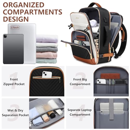 Large Carry On Travel Backpack: Flight Approved 40L Waterproof TSA Personal Item Daypack for Women Weekender Bag fit 17inch Laptop Luggage Backpack Traveling Business with USB Port and 3 Packing Cubes