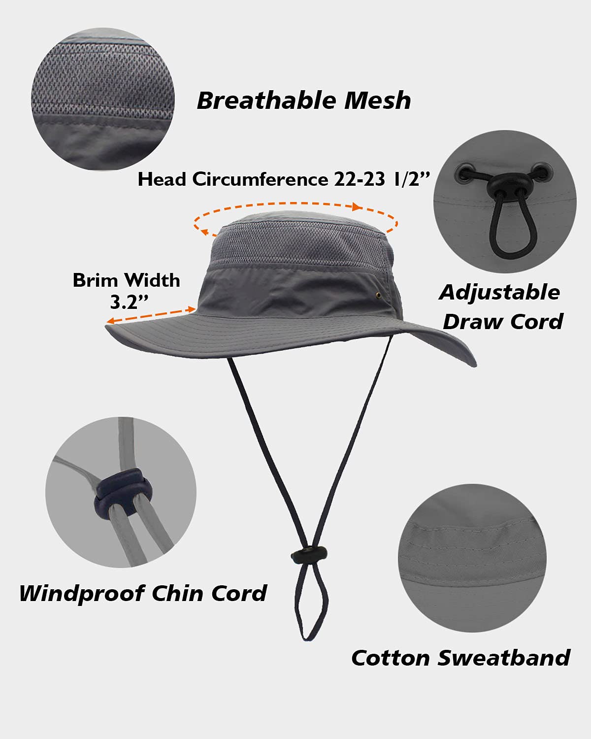 Duakrs Unisex Wide Brim Sun Hat,Outdoor UPF 50+ Waterproof Boonie Hat Summer UV Protection Sun Caps (Gray)