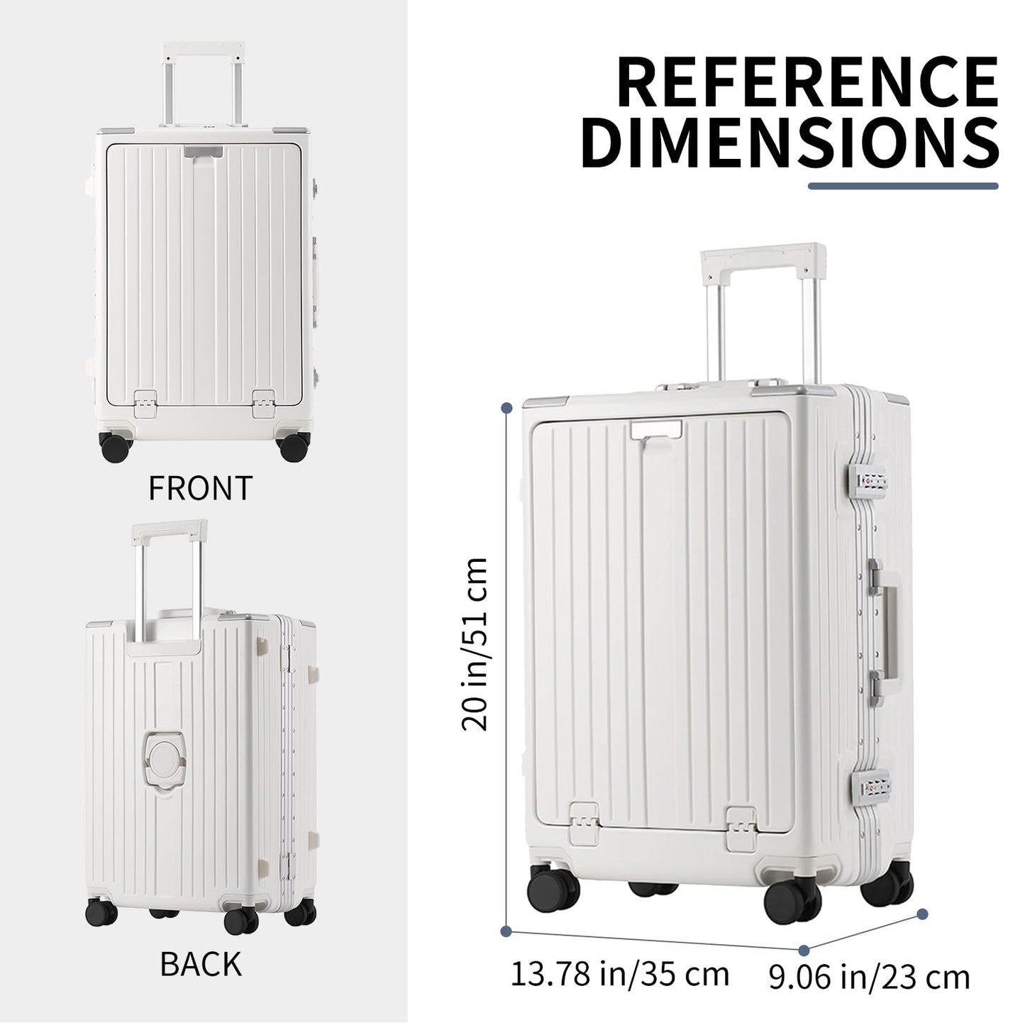 YUNASAY Aluminum Frame Carry on Luggage 22x14x9 Airline Approved with Front Compartment, Cup Holder & Phone Holder,Usb Port, and TSA Lock, Hard Shell Suitcase with Spinner Wheels(White, 20 inch)