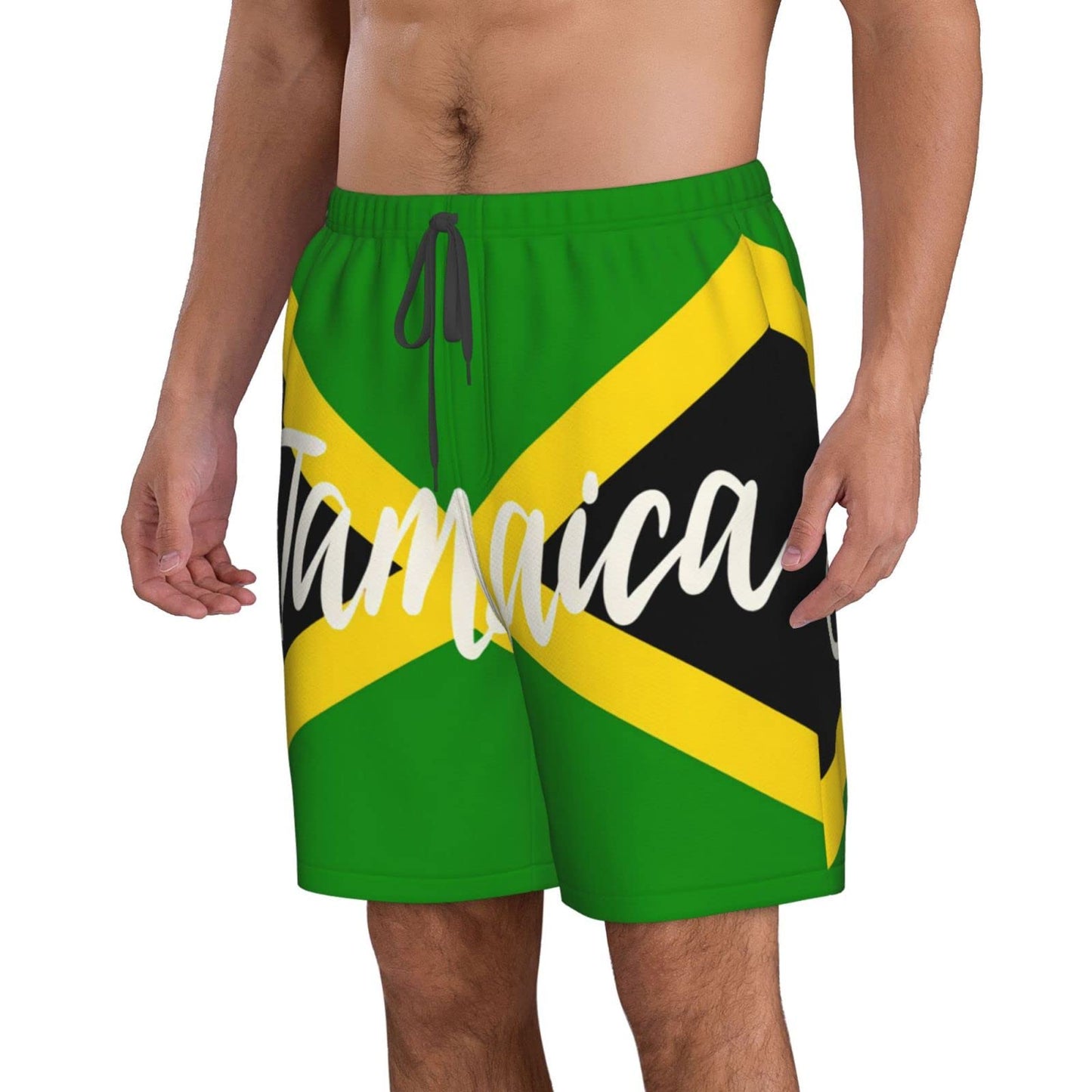 KAMQUERENCE Jamaica White Men's Swim Trunks Men's Swimsuit Quick Dry Board Shorts with Mesh Lining Beach Shorts Large