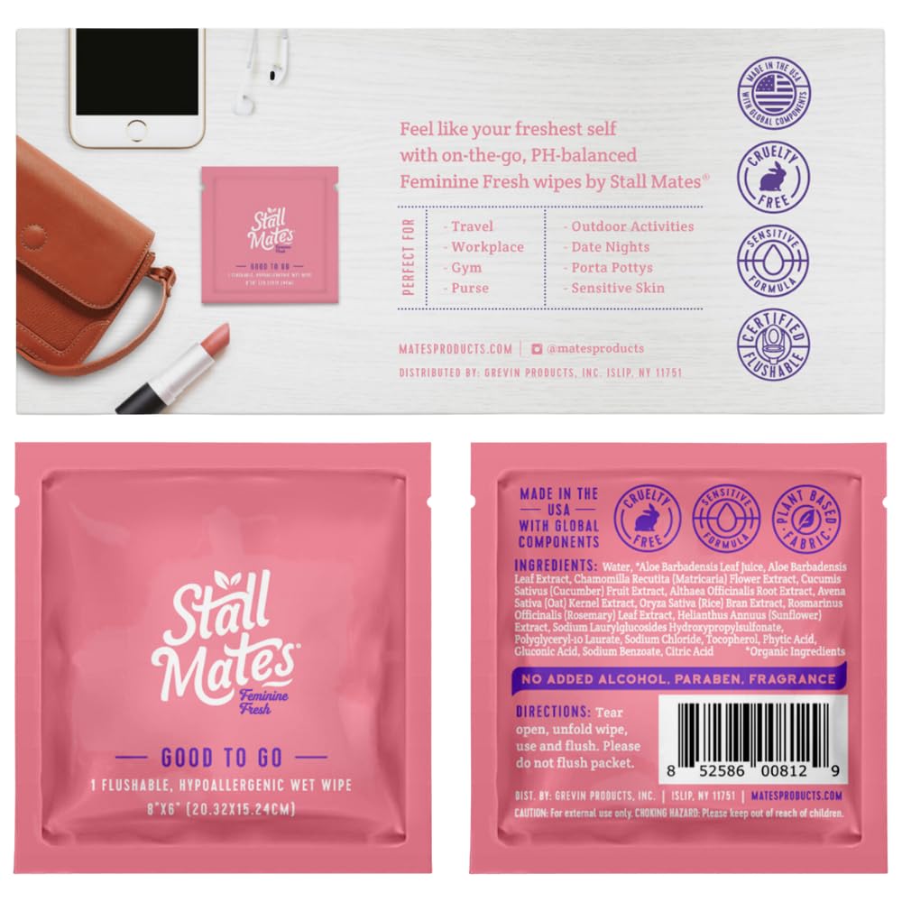 Stall Mates Wipes Feminine Fresh - Flushable | Individually Wrapped Cleansing Travel Friendly PH balanced Unscented with Sunflower, Rosemary and Aloe (30 on-the-go singles)