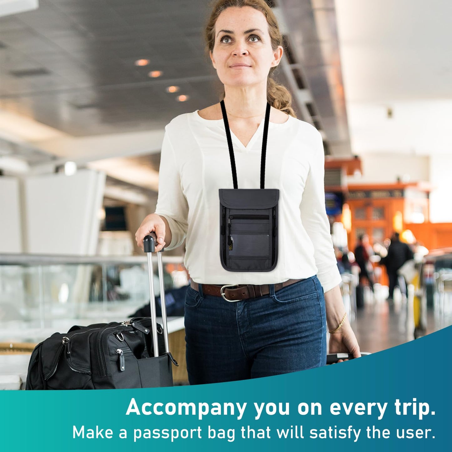 sundee Travel Neck Wallet with Double Zippers, RFID Blocking Passport Holder with Adjustable Neck Strap to Keep Cash, Credit Cards and Travel Documents Safe - Dark Gray