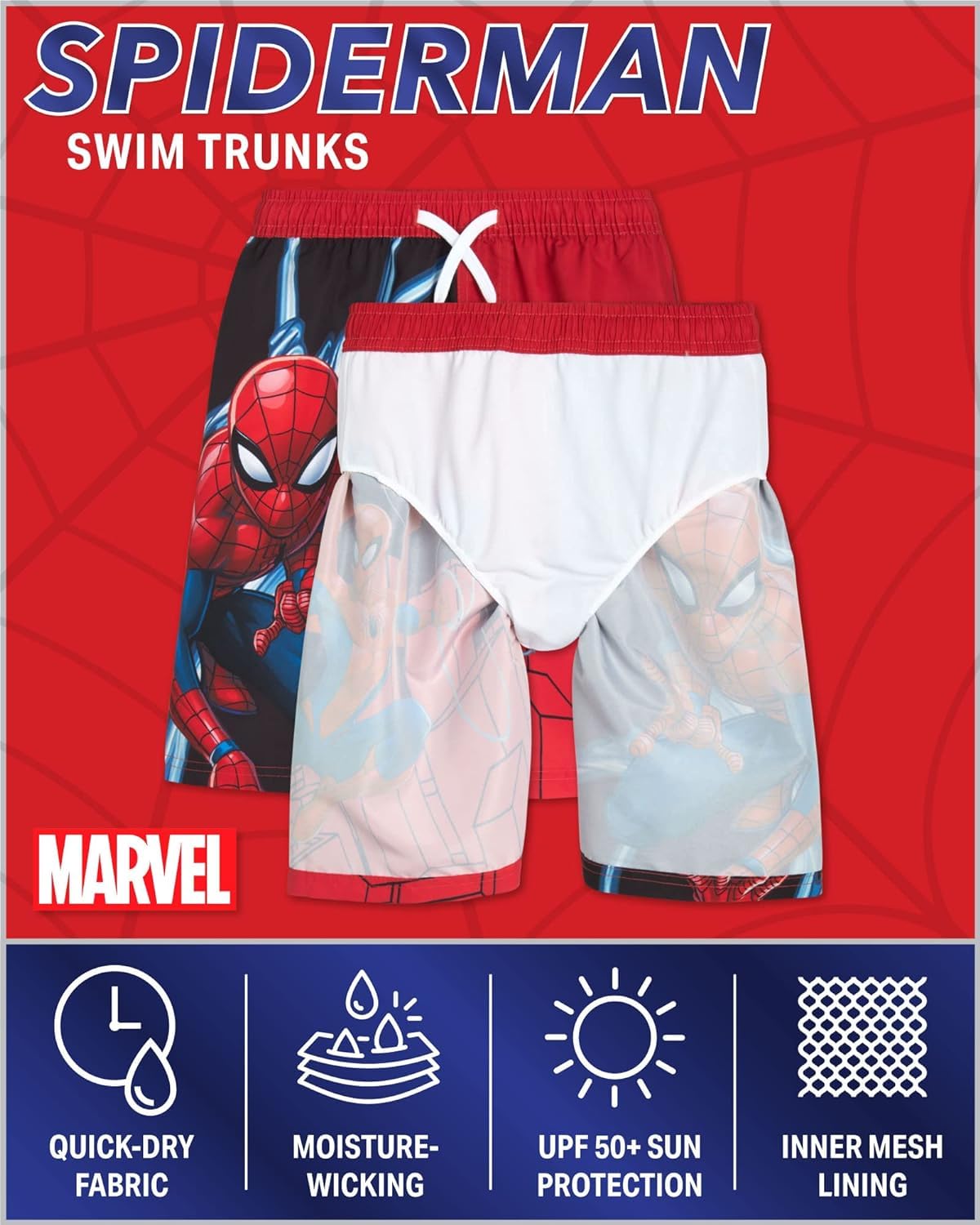 Marvel Avengers Boys’ Swim Trunks – Spider-Man, Captain America Swimsuit – UPF 50+ Quick Dry Bathing Suit for Boys (2T-12), Size 10-12, Spiderman Black/Red Web
