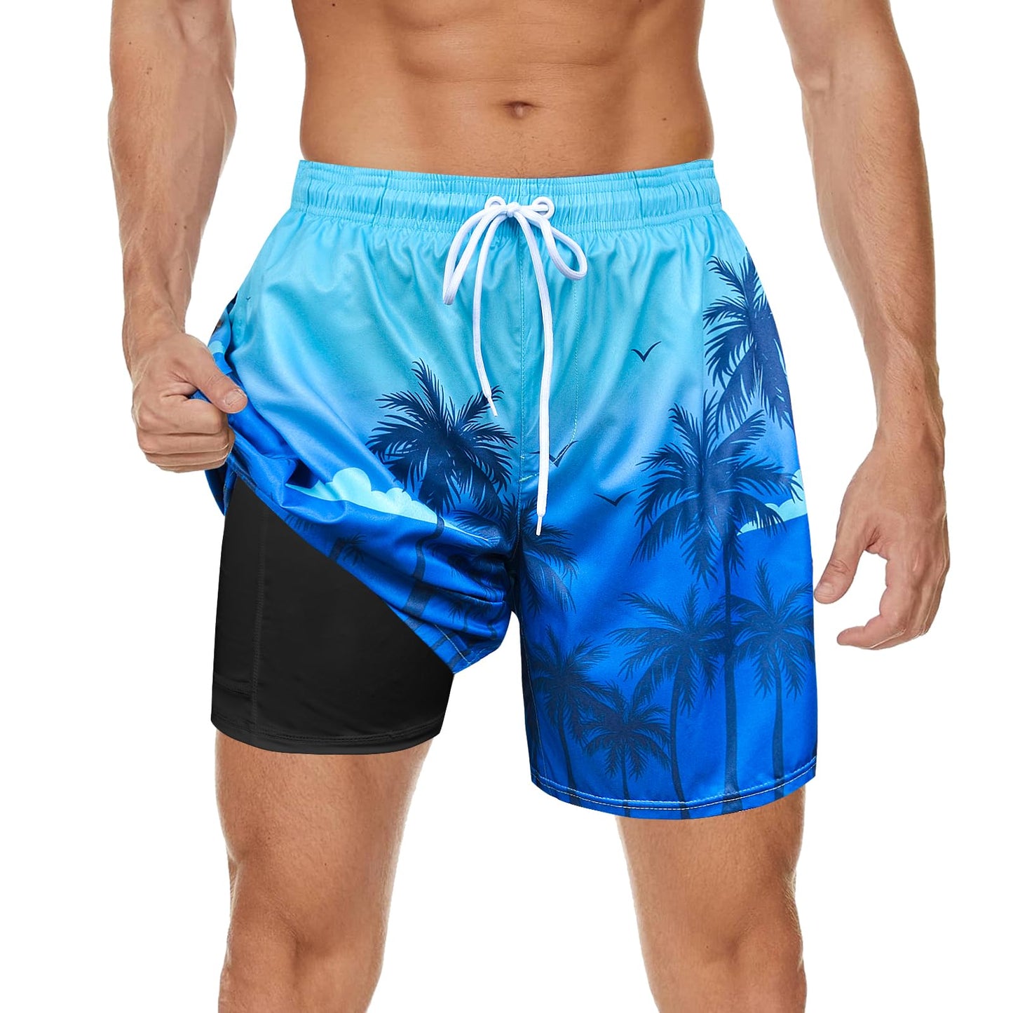 MaciRept Men's Palm Tree Swimming Trunks, Quick Dry Board Shorts for Swimwear, Beach and Bathing Suits, Adjustable Drawstring Waist, Zipper Secure Pocket, Large, Polyester