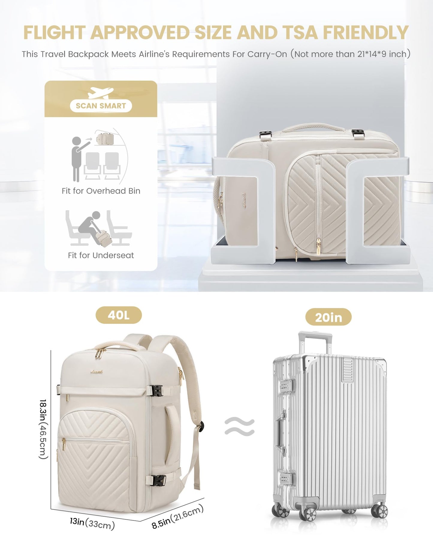 LOVEVOOK Large Travel Backpack for Women, TSA Carry on Backpack for Airplanes, 40L Personal Item Travel Bag fits 17" Laptop with USB Port, Waterproof Carry on Bag Flight Approved with 4 Packing Cubes