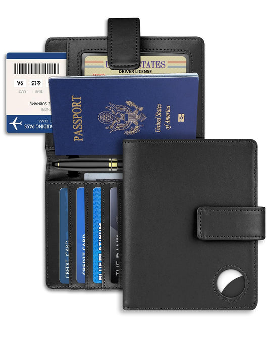 AirTag Passport Holder Wallet Cover Case for Women and Men,RFID Blocking,Passport Case with AirTag Holder,Travel Accessories (Black)