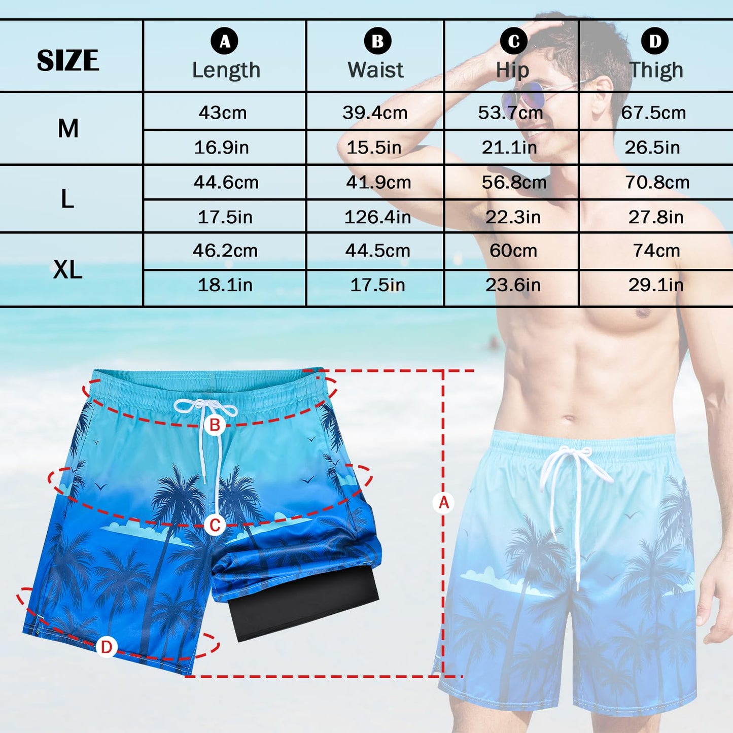 MaciRept Men's Palm Tree Swimming Trunks, Quick Dry Board Shorts for Swimwear, Beach and Bathing Suits, Adjustable Drawstring Waist, Zipper Secure Pocket, Large, Polyester