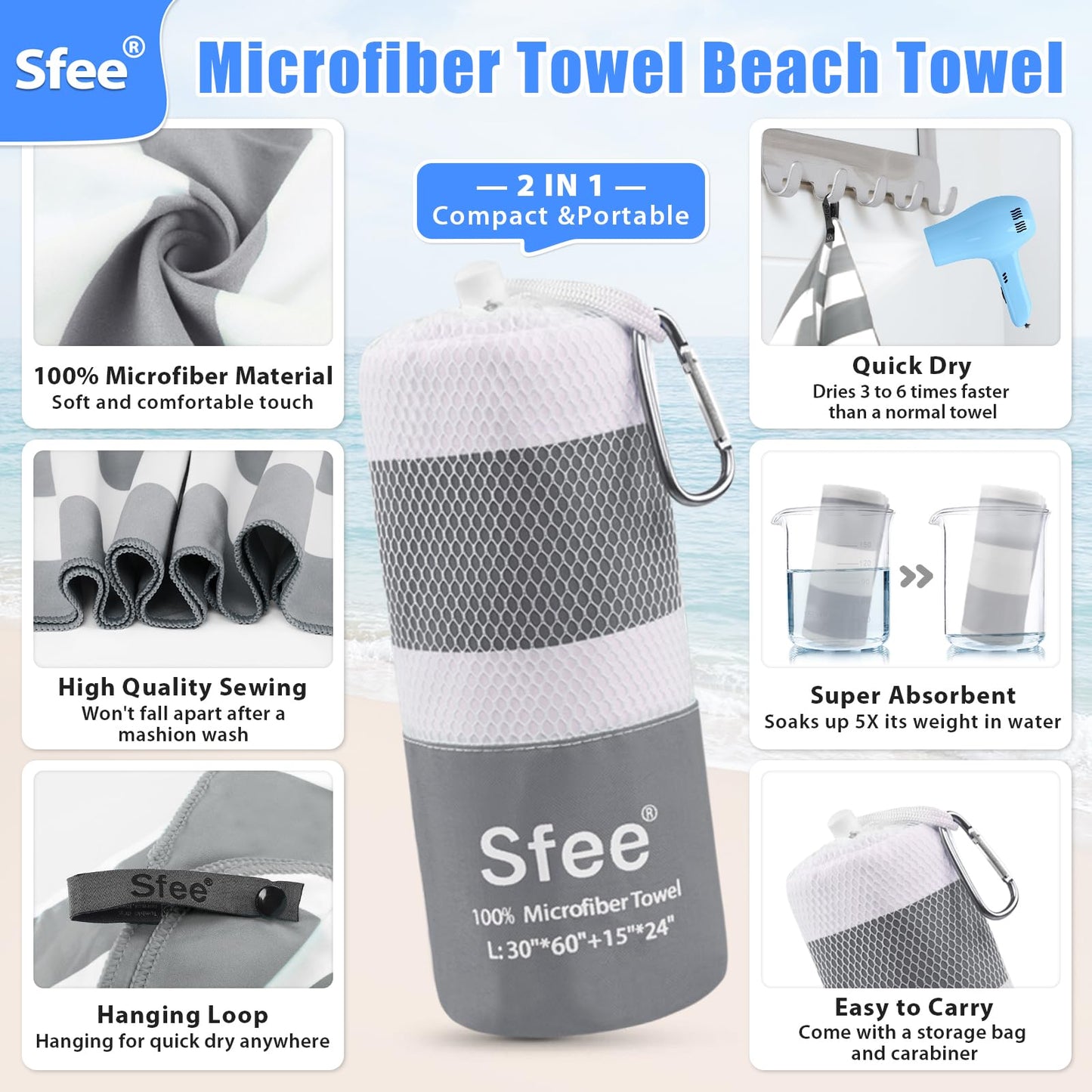 Sfee 2 Pack Microfiber Oversized Beach Towel, Quick Dry Towel Travel Towel Camping Towel Super Absorbent Compact Lightweight Sports Towel Gym Towel for Beach,Gym, Hiking, Pool, Backpacking, Bath, Yoga