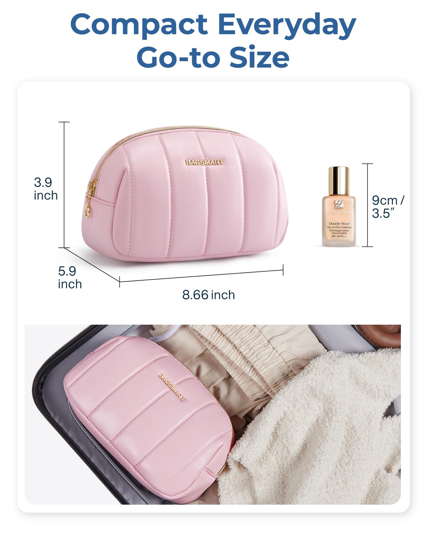 BAGSMART Small Makeup Bag PU Leather Travel Makeup Bag Organizer Makeup Pouch, Portable Cosmetic Bags for Women, Cute Make Up Bag for Travel Size Toiletries Accessories Brushes (Pink)