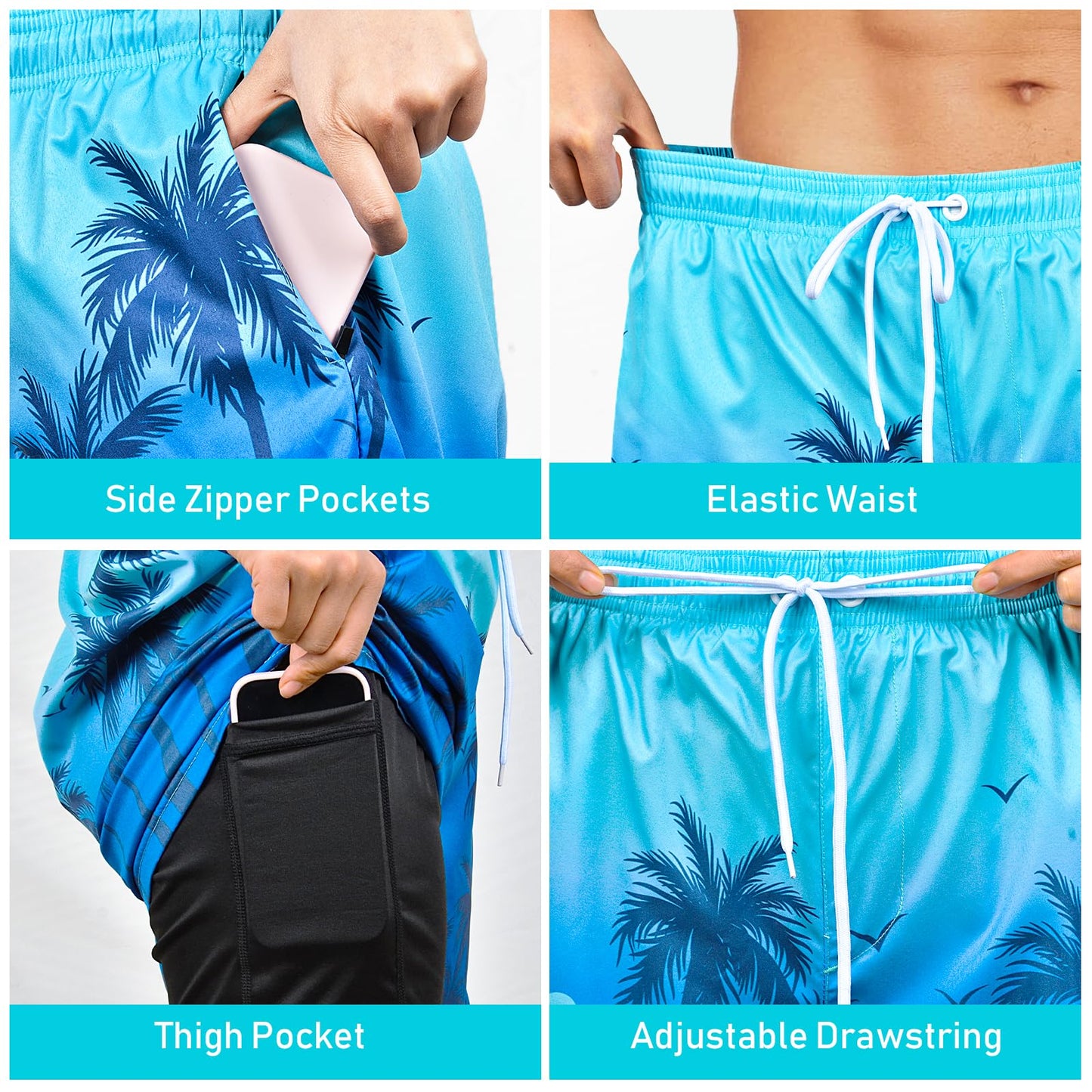 MaciRept Men's Palm Tree Swimming Trunks, Quick Dry Board Shorts for Swimwear, Beach and Bathing Suits, Adjustable Drawstring Waist, Zipper Secure Pocket, Large, Polyester