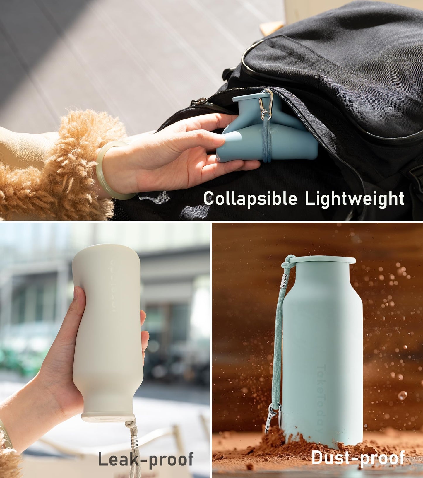 TakeToday Collapsible Water Bottles 20 oz, Leak Proof, BPA Free Foldable Silicone Travel Water Bottle Cups for Taveling, Outdoors, On the go, Sage Green