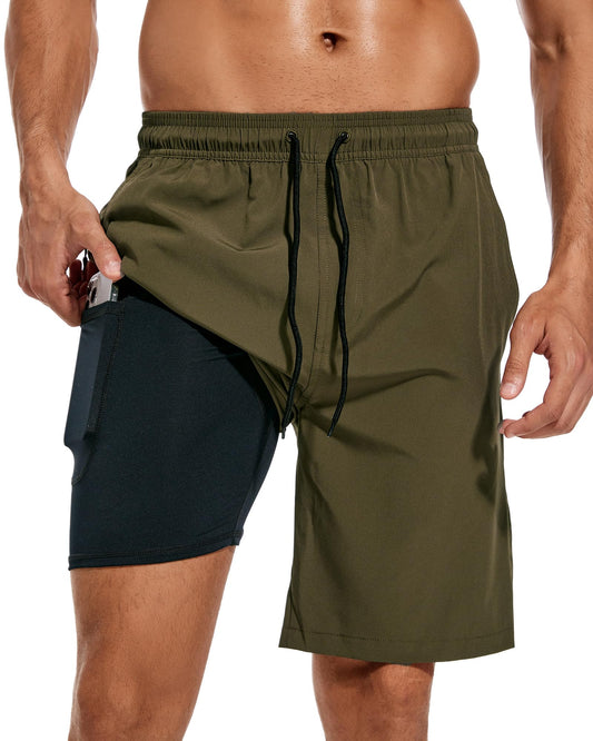 difficort Mens Swim Trunks Quick Dry Bathing Suit 9 inch Inseam Board Shorts with Compression Liner and Zipper Pocket,Army Green,Small