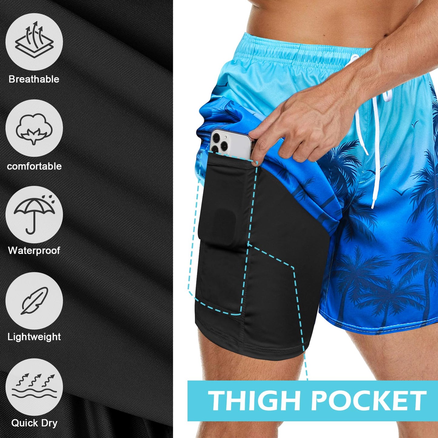 MaciRept Men's Palm Tree Swimming Trunks, Quick Dry Board Shorts for Swimwear, Beach and Bathing Suits, Adjustable Drawstring Waist, Zipper Secure Pocket, Large, Polyester