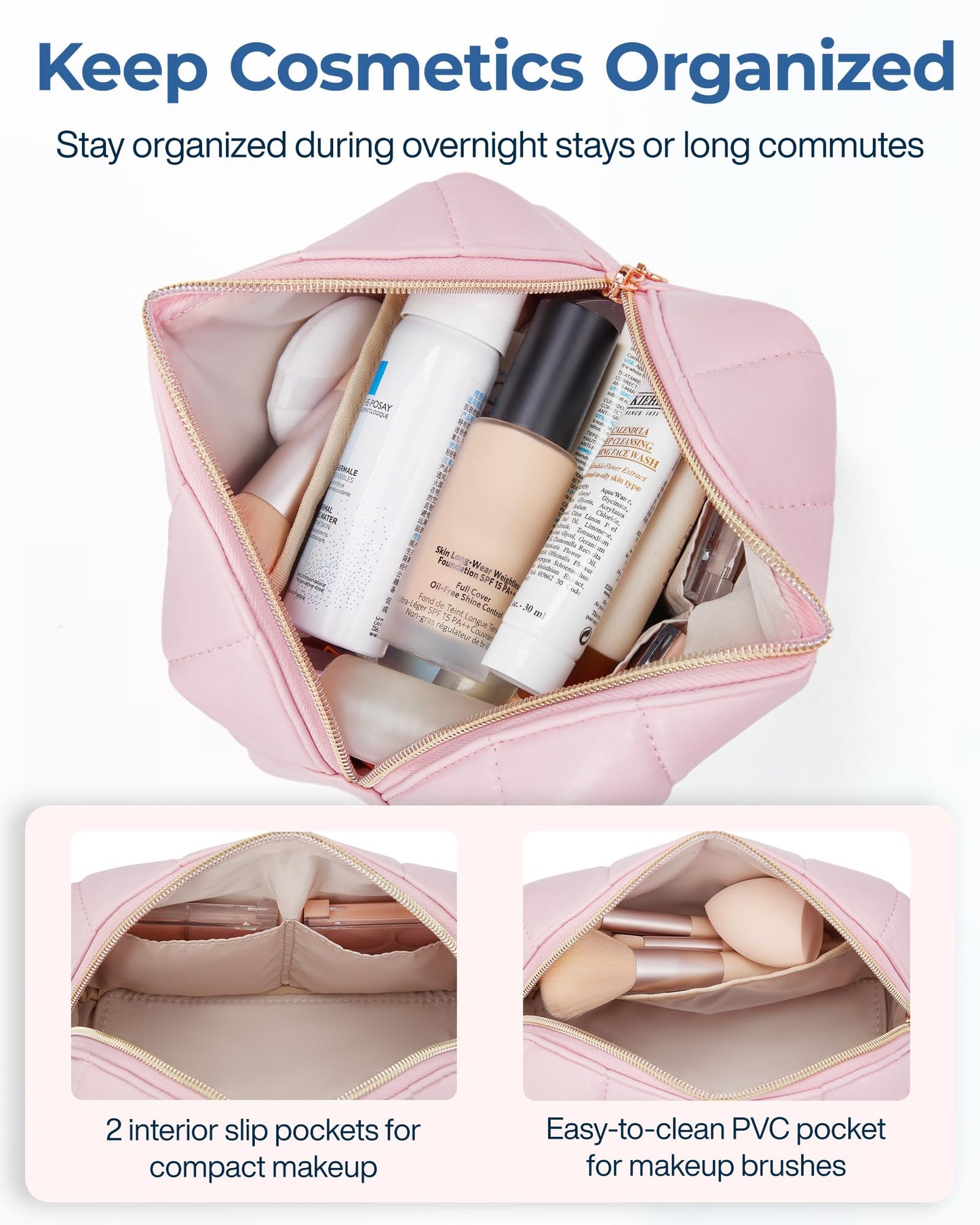 BAGSMART Small Makeup Bag PU Leather Travel Makeup Bag Organizer Makeup Pouch, Portable Cosmetic Bags for Women, Cute Make Up Bag for Travel Size Toiletries Accessories Brushes (Pink)