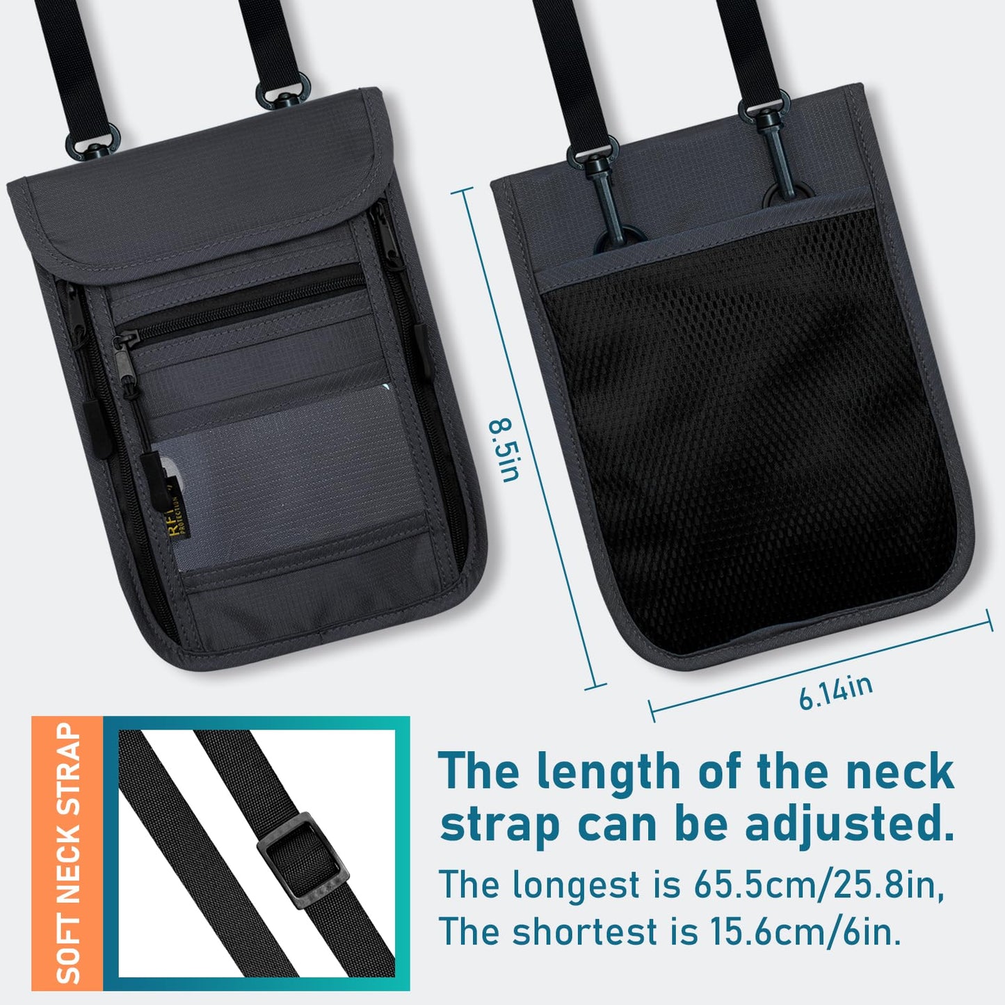 sundee Travel Neck Wallet with Double Zippers, RFID Blocking Passport Holder with Adjustable Neck Strap to Keep Cash, Credit Cards and Travel Documents Safe - Dark Gray