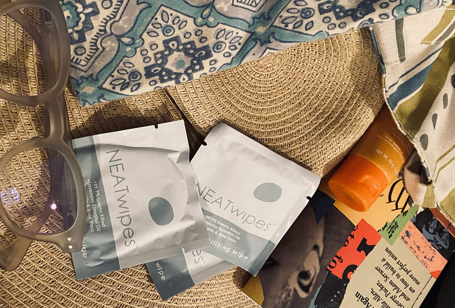 NEATwipes Hand Sanitizing Wipes | Travel Size | Disposable Wet Wipe & Planet Friendly | Lavender Essential Oil & Soothing Aloe | 24 Individually Wrapped Wipes per Package