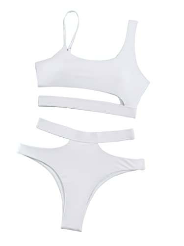 Lilosy Cutout Shoulders High Waisted Cut Leg Thong Brazilian Bikini Swimsuit Set Women Cheeky Bottom Bathing Suit 2 Piece Out White Medium