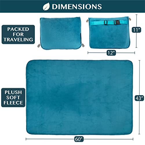 PAVILIA Travel Blanket Pillow, Soft Airplane Blanket 2-IN-1 Combo Set, Plane Blanket Compact Packable, Flight Essentials Car Pillow, Travelers Gifts Accessories Luggage Backpack Strap, 60x43 Teal Blue