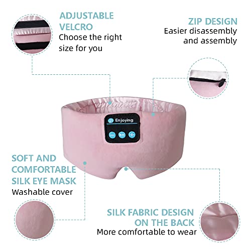 Soft Sleep Eye Mask Bluetooth Headband Wireless Headphones, SYPVRY Adjustable Sleep Mask for Sleeping Meditation Insomnia Night Mask Music Eye Cover for Side Sleepers Airplane Travel, Pink