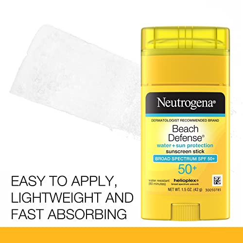 Neutrogena Beach Defense Water-Resistant SPF 50+ Sunscreen Stick, Broad Spectrum UVA/UVB Protection, PABA- & Oxybenzone-Free Face & Body Sunscreen Stick, Hands-Free Application, 1.5 oz