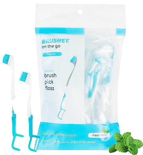 Brushee - The Evolution of Oral Care | 3-in-1 Tool (Pre-Pasted Mini-Brush + Floss + Pick) | Individually Wrapped | Disposable | Prepasted Travel Toothbrushes | Small Adult Toothbrush - (24-Pack)