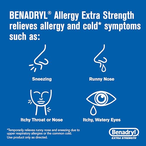 Benadryl Extra Strength Antihistamine Allergy Relief Medicine, 50 mg Diphenhydramine HCl Tablets for Relief of Allergy Symptoms Due to Hay Fever or Other Upper Respiratory Allergies, 24 ct