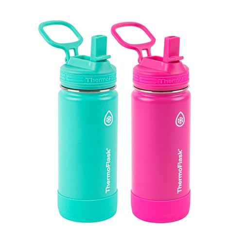 ThermoFlask 16 oz Double Wall Vacuum Insulated Stainless Steel 2-Pack of Water Bottles, Aquamarine/Storm Pink