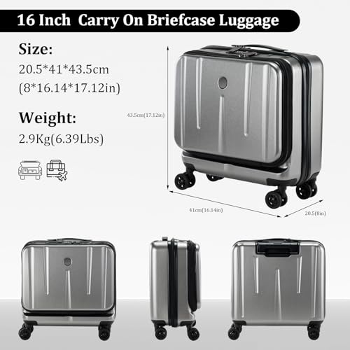 16 Inch Carry On Luggage with 2 Compartments for 14” & 15” Laptop, 16.14*8*17.12” Rolling Briefcase, Lightweight Hardshell ABS+PC Suitcase with Spinner Silent Wheels, for Business Trip, Dark Gray