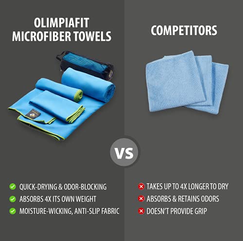 OlimpiaFit Quick Dry Towel - 3 Size Pack of Lightweight Microfiber Travel Towels w/Bag - Fast Drying Towel Set for Camping, Beach, Gym, Backpacking, Sports, Yoga & Swim Use﻿