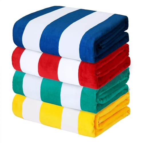 Exclusivo Mezcla 4 Pack 100% Cotton Large Beach Towels (30"x60"), Soft Cabana Stripe Thick Beach Towel for Adults, Super Absorbent Swim Travel Bath Pool Towel (Red/Turquoise/Yellow/Navy)