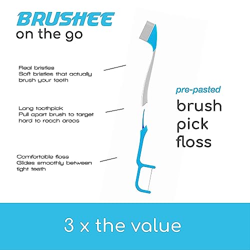 Brushee - The Evolution of Oral Care | 3-in-1 Tool (Pre-Pasted Mini-Brush + Floss + Pick) | Individually Wrapped | Disposable | Prepasted Travel Toothbrushes | Small Adult Toothbrush - (24-Pack)