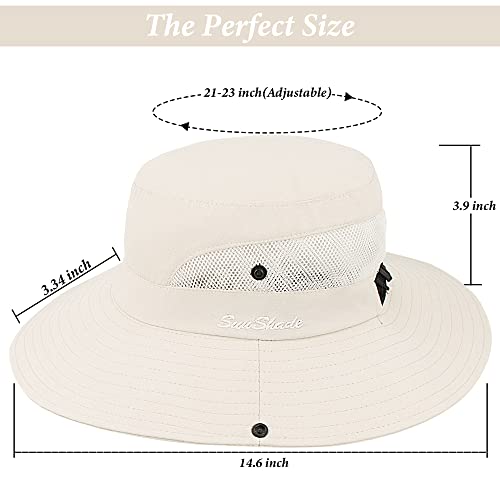 Sun Hat for Women Summer UV Protection Beach Hat Wide Brim Mesh Bucket Fishing Hat with Ponytail Hole Foldable Packable Hat Beige