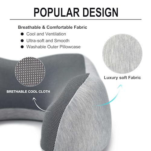 napfun Neck Pillow for Traveling, Upgraded Travel Neck Pillow for Airplane 100% Pure Memory Foam Travel Pillow for Flight Headrest Sleep, Portable Plane Accessories, Light Grey