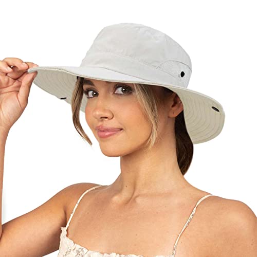 Sun Hat for Women Summer UV Protection Beach Hat Wide Brim Mesh Bucket Fishing Hat with Ponytail Hole Foldable Packable Hat Beige