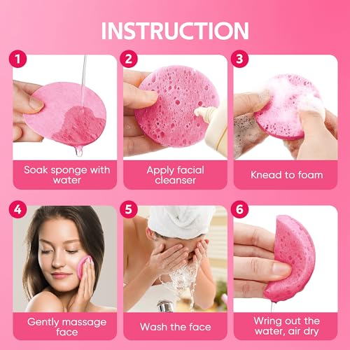 GAINWELL 50-Count Compressed Facial Sponges for Daily Facial Cleansing and Exfoliating, 100％ Natural Cosmetic Spa Sponges for Makeup Remover, Reusable, Pink