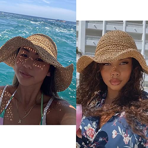 Sydbecs Women's Sun Hats Wide Brim Summer Beach Hat for Women Foldable Travel Straw Hat UPF50+ (Khaki)