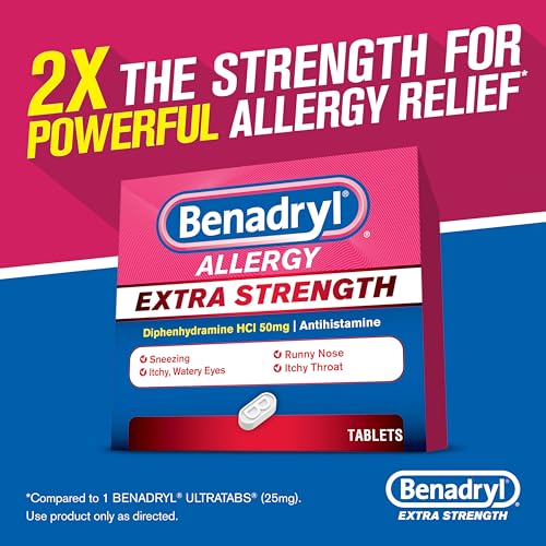 Benadryl Extra Strength Antihistamine Allergy Relief Medicine, 50 mg Diphenhydramine HCl Tablets for Relief of Allergy Symptoms Due to Hay Fever or Other Upper Respiratory Allergies, 24 ct