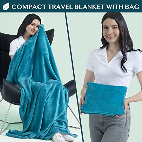 PAVILIA Travel Blanket Pillow, Soft Airplane Blanket 2-IN-1 Combo Set, Plane Blanket Compact Packable, Flight Essentials Car Pillow, Travelers Gifts Accessories Luggage Backpack Strap, 60x43 Teal Blue