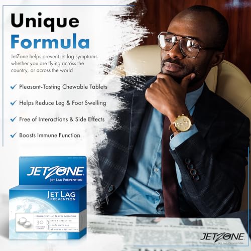 JetZone Jet Lag Prevention - Natural Homeopathic Travel & Jet Lag Remedy - 30 Chewable Tablets - Jet Lag Remedy - 48 Hours Flying Time - Pleasant Taste - All Natural - Effective - Easy to Use