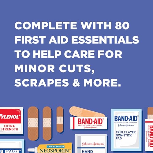 Band-Aid Travel Ready Portable Emergency First Aid Kit for Minor Wound Care with Assorted Adhesive Bandages, Gauze Pads & More, Ideal for Travel, Car & On-The-Go, 80 pc