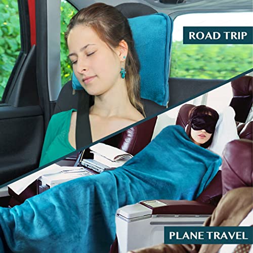 PAVILIA Travel Blanket Pillow, Soft Airplane Blanket 2-IN-1 Combo Set, Plane Blanket Compact Packable, Flight Essentials Car Pillow, Travelers Gifts Accessories Luggage Backpack Strap, 60x43 Teal Blue