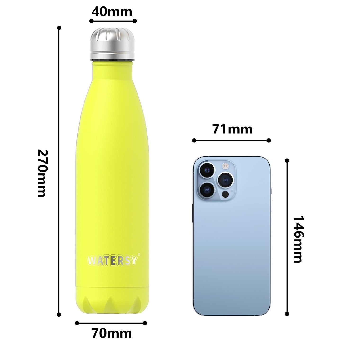 WATERSY Stainless Steel water bottles,17oz/500ml Insulated Water Bottles,Lemon Yellow metal water bottle Keeps Drink Cold and Hot,BPA Free kids water bottles for School,Gym,Travel,Sports