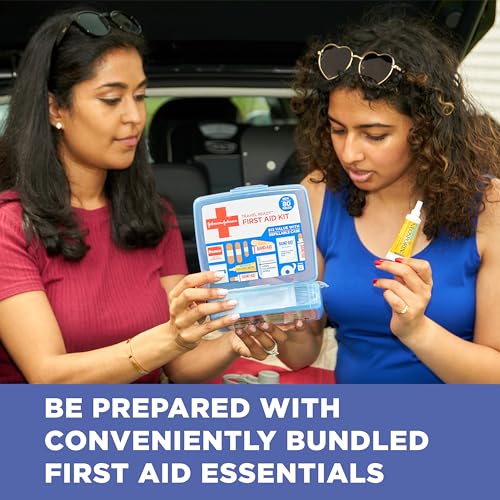 Band-Aid Travel Ready Portable Emergency First Aid Kit for Minor Wound Care with Assorted Adhesive Bandages, Gauze Pads & More, Ideal for Travel, Car & On-The-Go, 80 pc