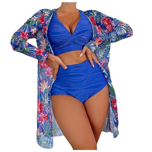 Amazing Prime Women's 3 Piece Swimsuit Hawaiian Outfits High Waisted Bikini Set with Beach Cover Ups Floral Print Kimono Cardigans trajes de ba?o para Mujer